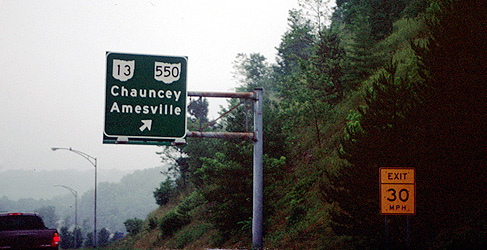 Point the way to my boy.  The locals in that part of Ohio pronouce it Chancey (no U).  If you interpret the picture literally, you and I know the sign is right.  (2002)