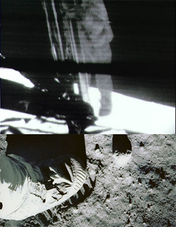 Top image is from the original television transmission of Neil Armstrong climbing out the lunar module on the surface of the moon.  Bottom image is one of the astronauts of Apollo 11 stepping into the lunar dust.  (1969)