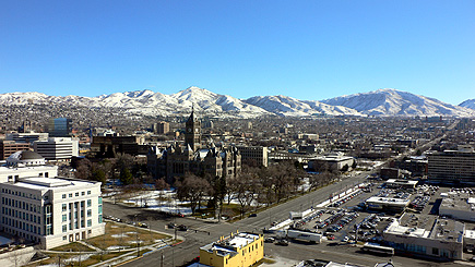 Daytime view from our hotel room in SLC.  (2006)