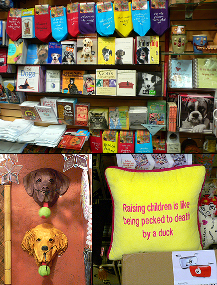 Collage of images from a shop whose name I really should be able to remember so I can tell you.  But I can't.  Somewhere near the top of the hill on Main Street in Park City, Utah.  Click below for large image of just the wall of dog stuff.  (2006)