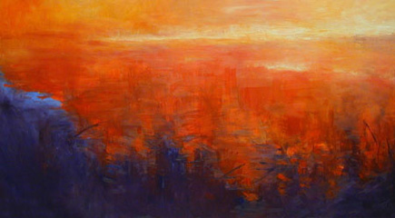 Kathleen Earthrowl's Geranium Lake C2.  Oil. 40 x 72.  2005.  Discovered at Phoenix Gallery in Park City, Utah.