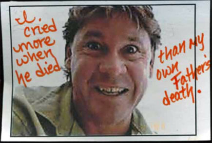Rest In Peace, Mighty Crocodile Hunter.  Loved worldwide, Steve Irwin died last Sunday, September 4th, 2006.  This image is of a postcard that was anonymously submitted to PostSecret, one of the greatest web sites ever created.

