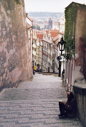 Prague.  Beggar.  People in distance further down the stairs digitally removed.  Imagine Candy waiting impatiently behind me while carefully set up the shot and waited for people to disappear. (2000)