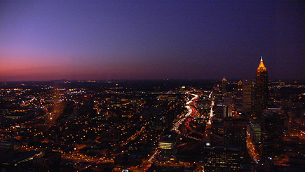 The view at night from room 6804 at the Westin Peachtree just as the sun is setting.
