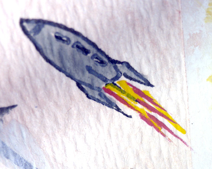 Watercolor rocket created on demand to decorate one of Alex's pictures.  Rocket is about an inch long.  (2007)