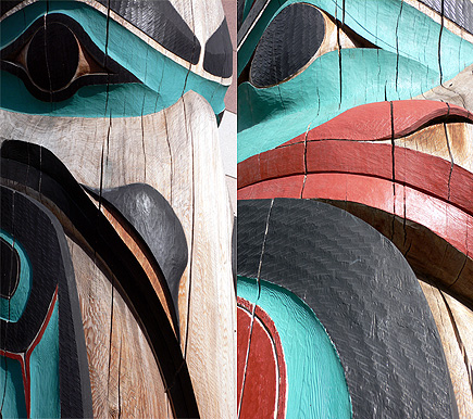 Close-ups of two different totem poles found side-by-side somewhere in downtown Anchorage (4th Avenue I think).  (2007)