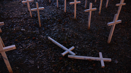Crosses memorializing the fallen U.S. soldiers in the Iraq and Afghanistan wars on the lawn of the Freedom Church First Assembly of God in Tallahassee.  (2007)