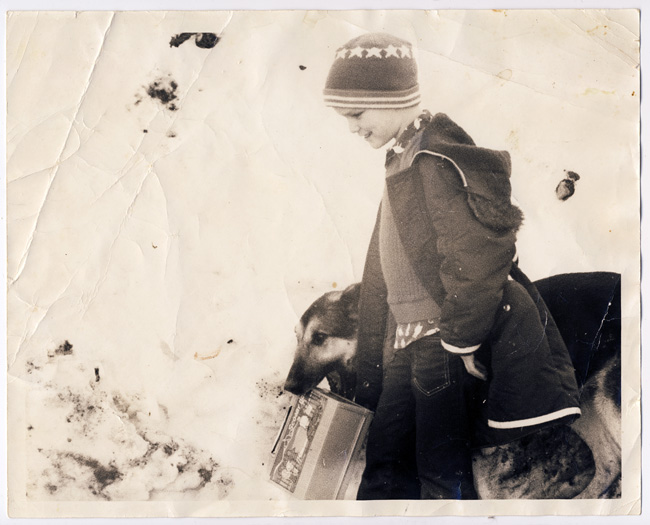 Shawn and I in the snow at the foot of the hill at The Farm.  This is the original, untouched photo from years ago.  (1976)