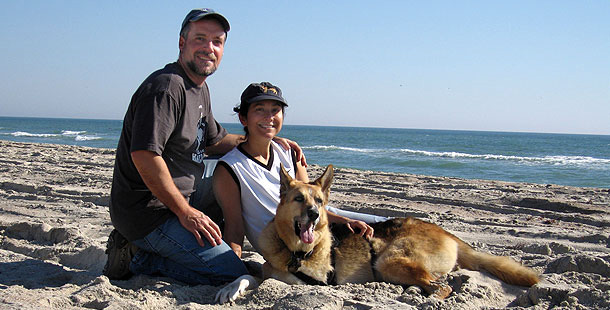 Jerry, with his owners Jim and Rene Nelson.  From the PBS Nature special Why We Love Cats and Dogs.  (2009)