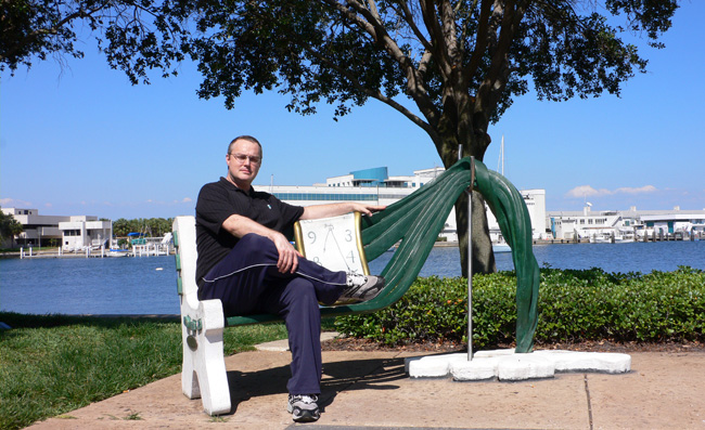 Yours truly sitting on the whacky bench outside the Dali Museum in St. Petersburg, Florida.  Candy took the pic.  (2009)
