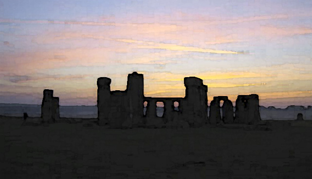 Photoshop-assisted watercolor rendering of Stonehenge sunrise photo by Joyous Judy Young, Ph.D.