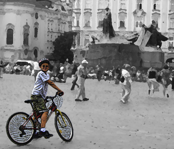 Alex bike riding in Prague.  Processed with Dry Brush filter in background and then desaturated, then Poster Edges on his cut-out with big boost in saturation.  (2009)